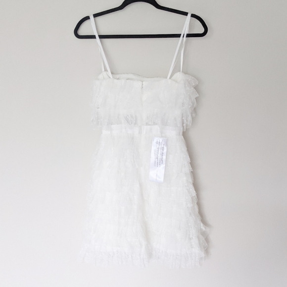 NEW BCBGMAXAZRIA x REVOLVE Off White Strapless Corset Ruffle Tiered Mini Dress 0 - Picture 7 of 10